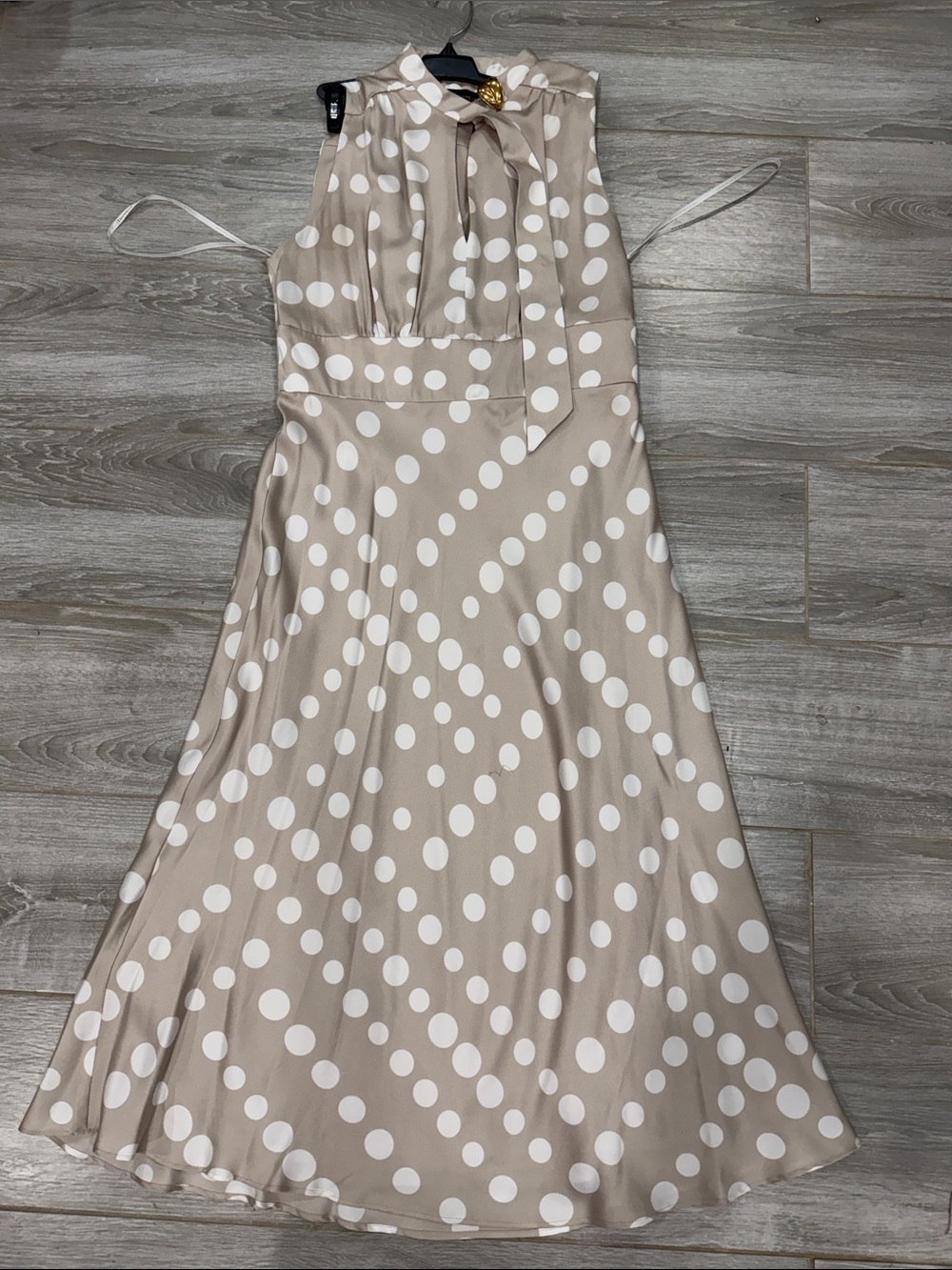 Sleeveless Donna Karan Taupe Polka Dot Midi Dress with Neck Tie size 10